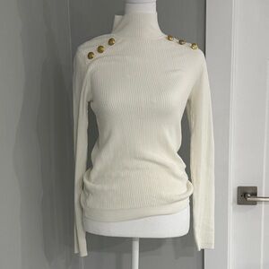 Elie Tahari Cream Turtleneck Sweater with Gold Buttons